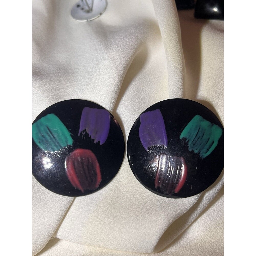 Vintage 80s Abstract Painted Earrings Black Disc Statement Bold Retro Art Style